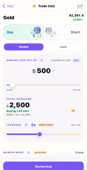 Gobi practice trade ticket with amount, total exposure, leverage, and order review controls